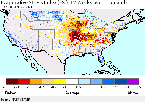 United States Evaporative Stress Index (ESI), 12-Weeks over Croplands Thematic Map For 4/22/2024 - 4/28/2024