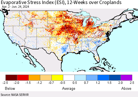United States Evaporative Stress Index (ESI), 12-Weeks over Croplands Thematic Map For 6/24/2024 - 6/30/2024