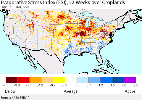 United States Evaporative Stress Index (ESI), 12-Weeks over Croplands Thematic Map For 7/8/2024 - 7/14/2024