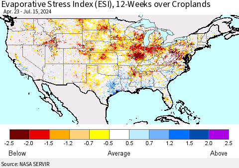 United States Evaporative Stress Index (ESI), 12-Weeks over Croplands Thematic Map For 7/15/2024 - 7/21/2024