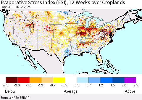 United States Evaporative Stress Index (ESI), 12-Weeks over Croplands Thematic Map For 7/22/2024 - 7/28/2024
