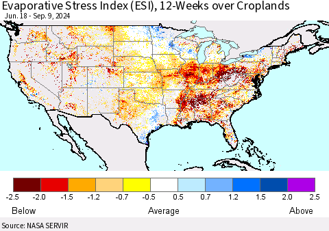 United States Evaporative Stress Index (ESI), 12-Weeks over Croplands Thematic Map For 9/9/2024 - 9/15/2024
