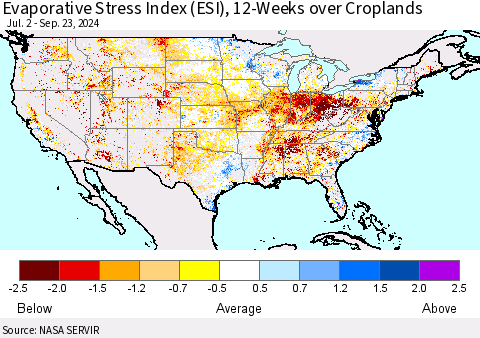 United States Evaporative Stress Index (ESI), 12-Weeks over Croplands Thematic Map For 9/23/2024 - 9/29/2024