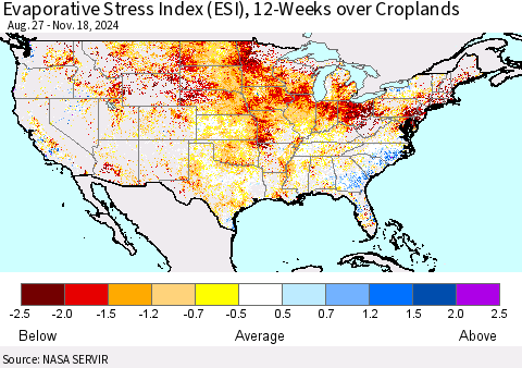 United States Evaporative Stress Index (ESI), 12-Weeks over Croplands Thematic Map For 11/18/2024 - 11/24/2024