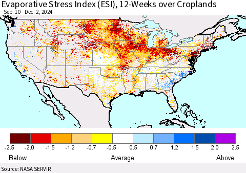 United States Evaporative Stress Index (ESI), 12-Weeks over Croplands Thematic Map For 12/2/2024 - 12/8/2024