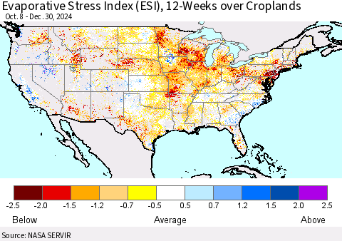 United States Evaporative Stress Index (ESI), 12-Weeks over Croplands Thematic Map For 12/30/2024 - 1/5/2025