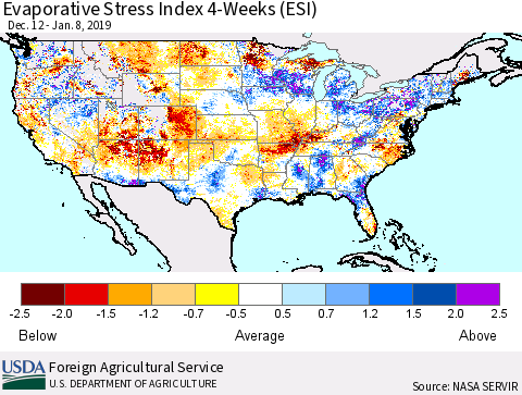 United States Evaporative Stress Index 4-Weeks (ESI) Thematic Map For 1/7/2019 - 1/13/2019