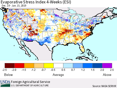United States Evaporative Stress Index 4-Weeks (ESI) Thematic Map For 1/14/2019 - 1/20/2019