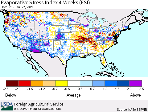 United States Evaporative Stress Index 4-Weeks (ESI) Thematic Map For 1/21/2019 - 1/27/2019