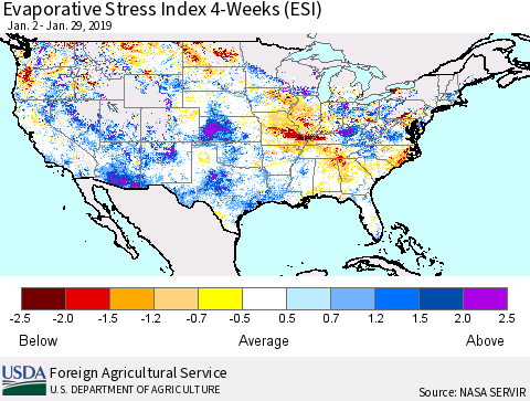 United States Evaporative Stress Index 4-Weeks (ESI) Thematic Map For 1/28/2019 - 2/3/2019