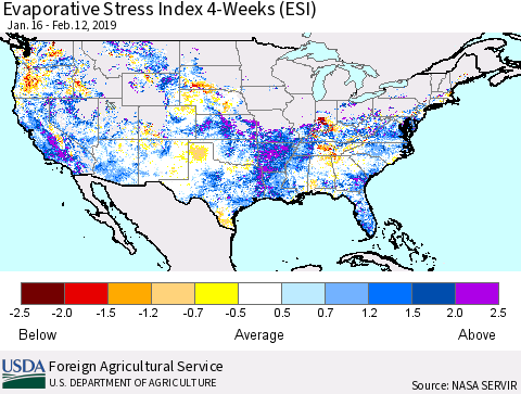 United States Evaporative Stress Index 4-Weeks (ESI) Thematic Map For 2/11/2019 - 2/17/2019