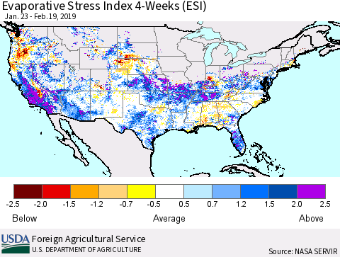 United States Evaporative Stress Index 4-Weeks (ESI) Thematic Map For 2/18/2019 - 2/24/2019