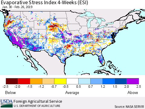 United States Evaporative Stress Index 4-Weeks (ESI) Thematic Map For 2/25/2019 - 3/3/2019