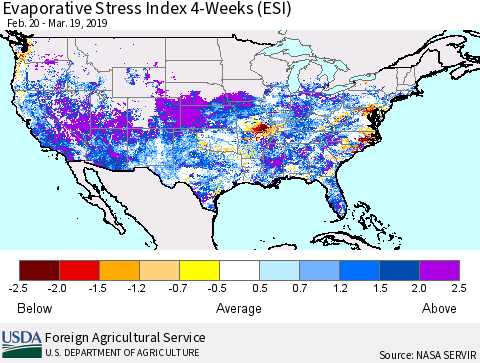 United States Evaporative Stress Index 4-Weeks (ESI) Thematic Map For 3/18/2019 - 3/24/2019