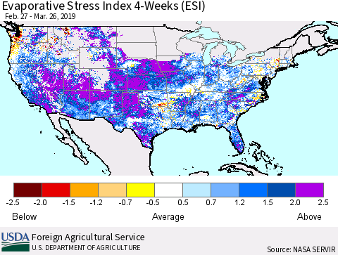 United States Evaporative Stress Index (ESI), 4-Weeks Thematic Map For 3/25/2019 - 3/31/2019