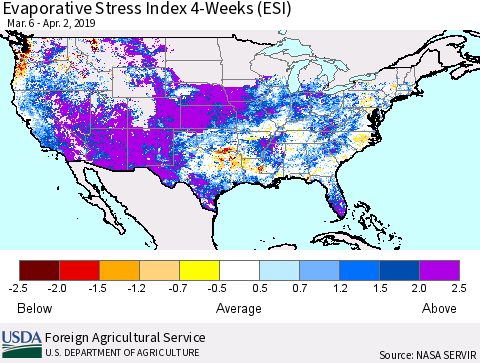 United States Evaporative Stress Index (ESI), 4-Weeks Thematic Map For 4/1/2019 - 4/7/2019