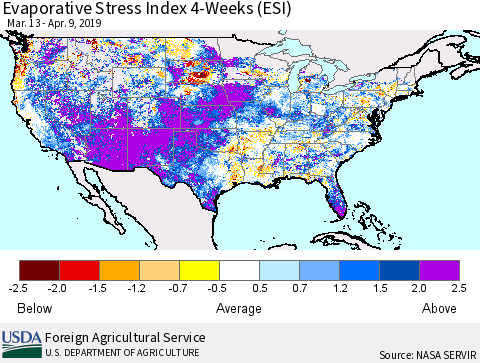 United States Evaporative Stress Index (ESI), 4-Weeks Thematic Map For 4/8/2019 - 4/14/2019