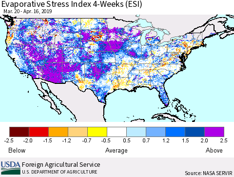 United States Evaporative Stress Index (ESI), 4-Weeks Thematic Map For 4/15/2019 - 4/21/2019