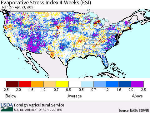 United States Evaporative Stress Index (ESI), 4-Weeks Thematic Map For 4/22/2019 - 4/28/2019