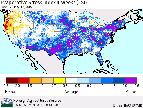 United States Evaporative Stress Index (ESI), 4-Weeks Thematic Map For 5/13/2019 - 5/19/2019