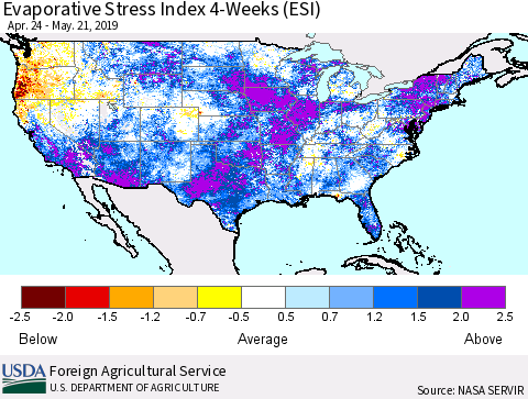 United States Evaporative Stress Index (ESI), 4-Weeks Thematic Map For 5/20/2019 - 5/26/2019