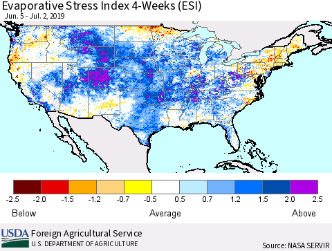 United States Evaporative Stress Index 4-Weeks (ESI) Thematic Map For 7/1/2019 - 7/7/2019