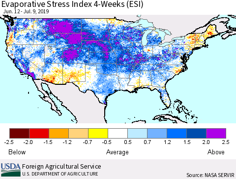 United States Evaporative Stress Index (ESI), 4-Weeks Thematic Map For 7/8/2019 - 7/14/2019
