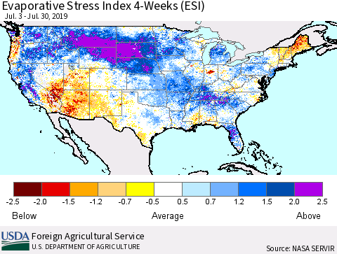 United States Evaporative Stress Index (ESI), 4-Weeks Thematic Map For 7/29/2019 - 8/4/2019