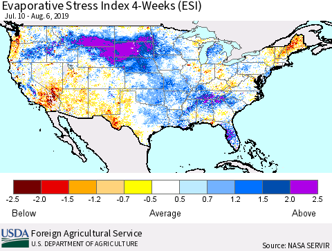 United States Evaporative Stress Index (ESI), 4-Weeks Thematic Map For 8/5/2019 - 8/11/2019