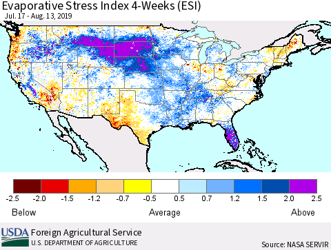 United States Evaporative Stress Index (ESI), 4-Weeks Thematic Map For 8/12/2019 - 8/18/2019