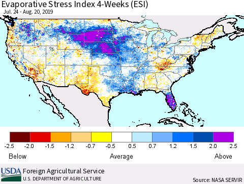 United States Evaporative Stress Index (ESI), 4-Weeks Thematic Map For 8/19/2019 - 8/25/2019
