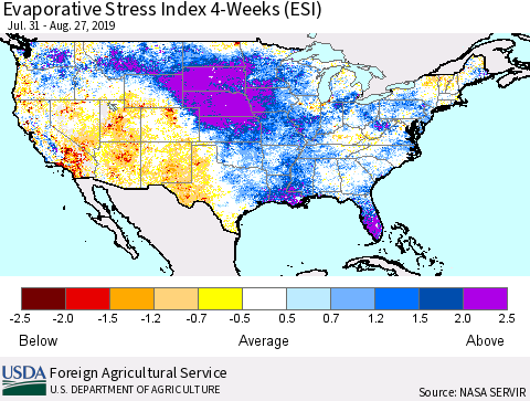 United States Evaporative Stress Index (ESI), 4-Weeks Thematic Map For 8/26/2019 - 9/1/2019