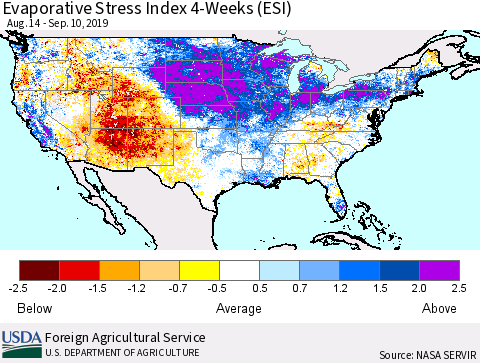 United States Evaporative Stress Index (ESI), 4-Weeks Thematic Map For 9/9/2019 - 9/15/2019