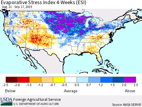 United States Evaporative Stress Index (ESI), 4-Weeks Thematic Map For 9/16/2019 - 9/22/2019