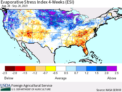 United States Evaporative Stress Index (ESI), 4-Weeks Thematic Map For 9/23/2019 - 9/29/2019