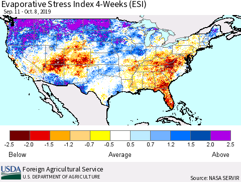 United States Evaporative Stress Index (ESI), 4-Weeks Thematic Map For 10/7/2019 - 10/13/2019