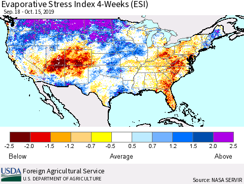 United States Evaporative Stress Index (ESI), 4-Weeks Thematic Map For 10/14/2019 - 10/20/2019