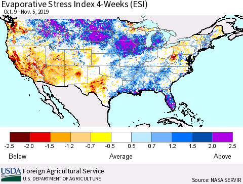 United States Evaporative Stress Index 4-Weeks (ESI) Thematic Map For 11/4/2019 - 11/10/2019