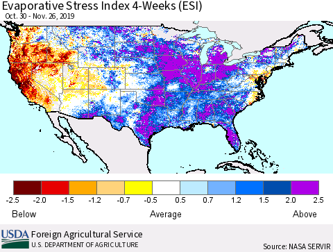 United States Evaporative Stress Index (ESI), 4-Weeks Thematic Map For 11/25/2019 - 12/1/2019