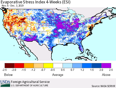 United States Evaporative Stress Index (ESI), 4-Weeks Thematic Map For 12/2/2019 - 12/8/2019