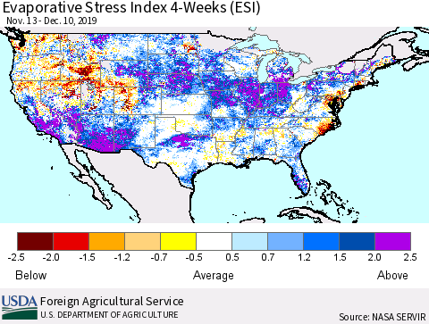 United States Evaporative Stress Index (ESI), 4-Weeks Thematic Map For 12/9/2019 - 12/15/2019