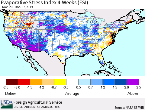 United States Evaporative Stress Index 4-Weeks (ESI) Thematic Map For 12/16/2019 - 12/22/2019