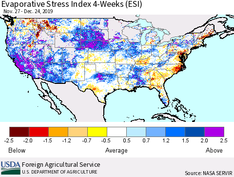 United States Evaporative Stress Index (ESI), 4-Weeks Thematic Map For 12/23/2019 - 12/29/2019