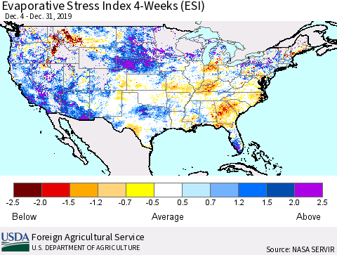United States Evaporative Stress Index 4-Weeks (ESI) Thematic Map For 12/30/2019 - 1/5/2020