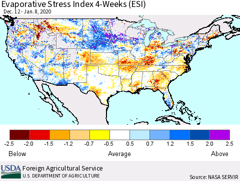 United States Evaporative Stress Index (ESI), 4-Weeks Thematic Map For 1/6/2020 - 1/12/2020