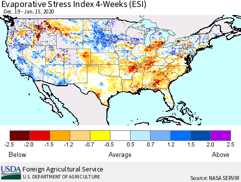 United States Evaporative Stress Index (ESI), 4-Weeks Thematic Map For 1/13/2020 - 1/19/2020