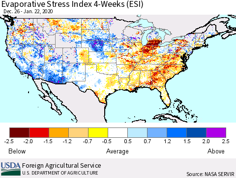 United States Evaporative Stress Index (ESI), 4-Weeks Thematic Map For 1/20/2020 - 1/26/2020