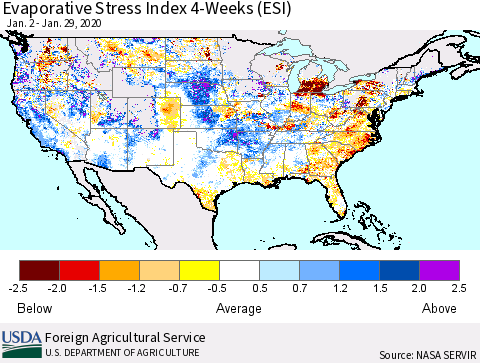 United States Evaporative Stress Index (ESI), 4-Weeks Thematic Map For 1/27/2020 - 2/2/2020