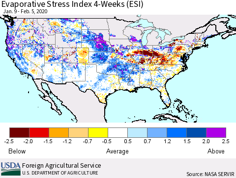 United States Evaporative Stress Index (ESI), 4-Weeks Thematic Map For 2/3/2020 - 2/9/2020