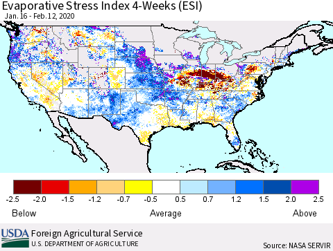United States Evaporative Stress Index (ESI), 4-Weeks Thematic Map For 2/10/2020 - 2/16/2020